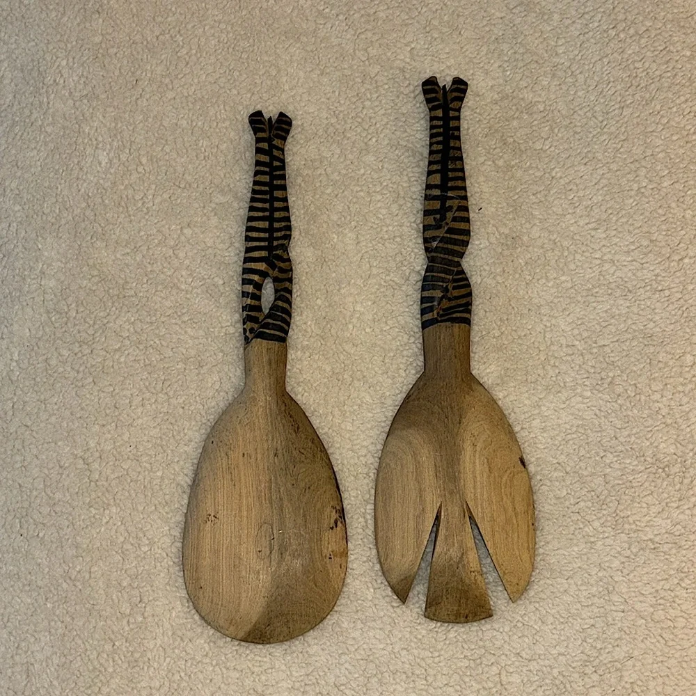 Handcarved Wooden Zebra Salad Serving Set